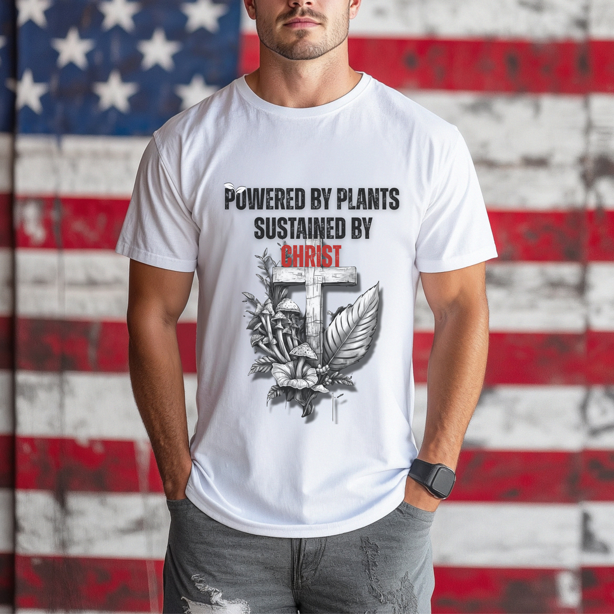 Powered by Plants Sustained by Christ | Christian Tee