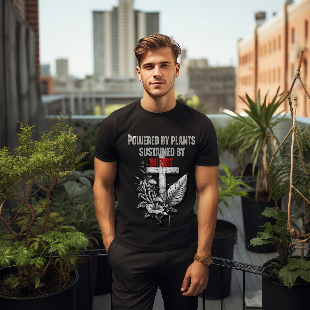Powered by Plants Sustained by Christ | Christian Tee